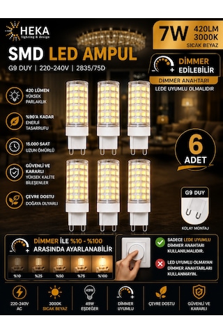 6 Adet Heka 7w Günışığı 3000k G9 Duylu Dim Edilebilir Led Kapsül Ampul