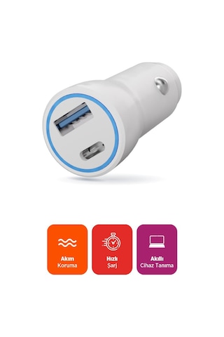 Polosmart Pbs134 Hızlı 1 Usb 1 Pd Çıkışlı 20w Araç Şarjı Beyaz