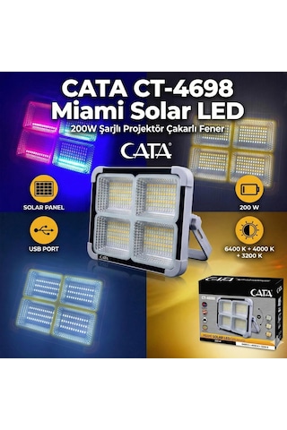 Cata Ct-4698 Miami Solar Led 200w Şarjlı Projektör Çakarlı Fener Gri