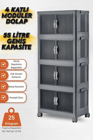 4 Katlı Modüler Dolap, 55 Litre, 360 Tekerlekli, Çok Amaçlı Saklama Ünitesi, Banyo Ve Mutfak Dolabı Antrasit