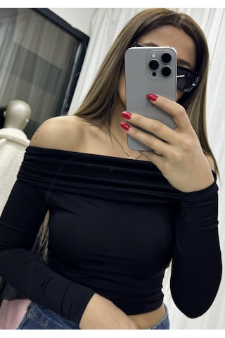Daves Madonna Yaka Drapeli Uzun Kollu Sandy Body Bluz-siyah Siyah