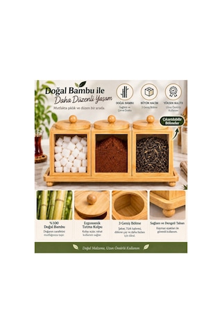 3 Lü Doğal Bambu Baharatlık Çay Şeker Kahve Saklama Kabı Stand Tepsili Kapaklı Mutfak Organizer Seti Kahverengi