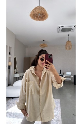 Etiler Collection Kadın Tek Cepli Over Size Ketem Gömlek Vizon