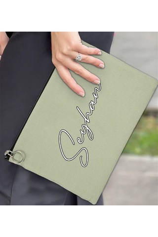 Bk Gift Kişiye Özel İsimli-6 Astarlı Mint Yeşili Portföy Çanta 30x21cm, Baskılı El Çantası, Organizer Çanta