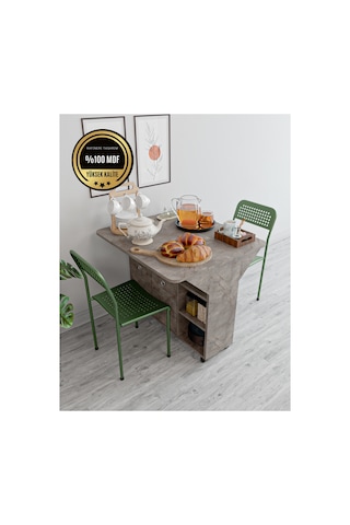 Yemek Masası Katlanabilir Dolaplı Raflı Tekerlekli Mdf Çok Amaçlı Gri