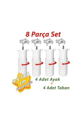 4 Adet Destek Ayağı 9,5-14,5 Cm Beyaz Ve 4 Adet Metal Düz Ayak Tabanı M8 Civatalı İnce Diş Mobilya Kanepe Baza Koltuk Seti