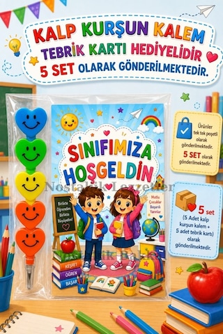 5 Adet Sınıfımıza Hoşgeldin Yazılı Hediye Seti Kalp Kurşun Kalem Tebrik Kartı Hediyeli