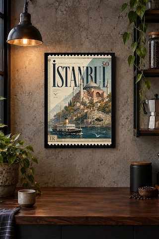 Tarihi Şehir Ve Vapur İllüstrasyonu Desenli Dekoratif Mdf Tablo, Çerçeve Görünümlü Ahşap Poster