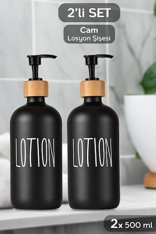 2 Adet Banyo Sıvı Sabunluk - Cam Losyon Şampuan Şişesi 500 Ml - Siyah