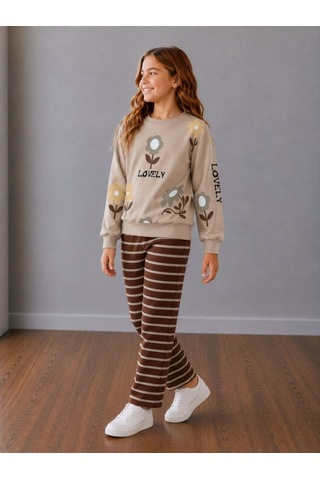 Çiçek Baskılı Sweatshirt Ve Kahverengi Çizgili Eşofmanlı Kız Çocuk Bej&kahve Uyumu Harika Alt Üst 2' Krem - Kahverengi