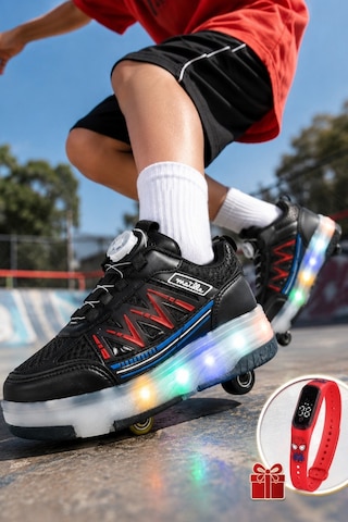 Muggo Skate Çocuk Işıklı Patenli Tekerlekli Sneaker Spor Ayakkabı Siyah - Kırmızı