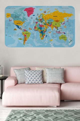 Türkçe Eğitici Ülke Ve Başkent Okyanus Detaylı Atlası Dünya Haritası Duvar Sticker -60x105-3864 - Renkli Çok Renkli