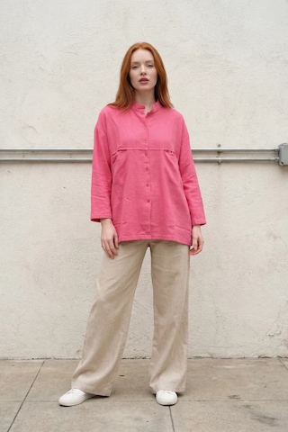 Hiccup My Fashıon Oversize Uzun Kollu Keten Karışımlı Gömlek Parlak Pembe