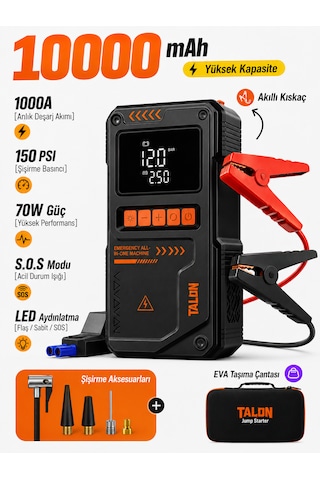 Araç Akü Takviye Cihazı 4in1 Powerbank/hava Kompresörü/fener Işık 10.000 Mah 150psı