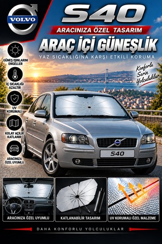 Volvo S40 Araç Ön Cam Güneşliği Katlanabilir Şemsiye Oto Güneşlik Uv Korumalı Gölgelik Araba Oto Şemsiyesi