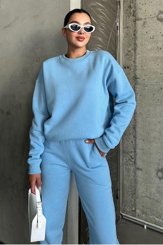 Modagen Unisex Bebe Mavi Bisiklet Yaka Düz Oversize Alt-üst Eşofman Takımı Bebe Mavi