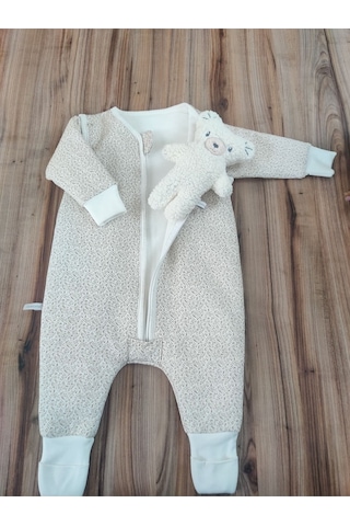 Tomuycuk Kışlık Bebek Çocuk Uyku Tulumu %100 Pamuklu Fermuarlı Ayaklı Uyku Arkadaşı 1 -2 2-3 3-4 Yaş Bej