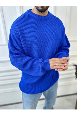 Elku Moda Kazak Oversize Çift Kat Örme Naturel Pamuk Bol Kesim Tüylenmeyen Salaş Triko Kazak Mavi
