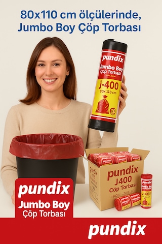 Pundix Pundıx J400 Endüstriyel Çöp Poşeti 80x110 Cm Siyah Jumbo Boy Kalın Seri 1 Koli 20 Rulo / 200 Adet Dayanıklı, Sızdırmaz Ve Geniş Hacimli Çöp Torbası