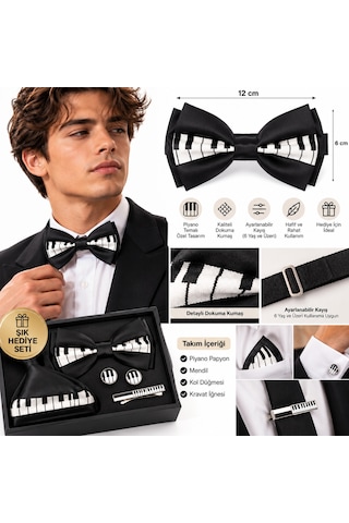 Herşeynota Piyano Tuşları Desenli Papyon Siyah Beyaz Ayarlanabilir Müzik Temalı Unisex Papyon Diğer