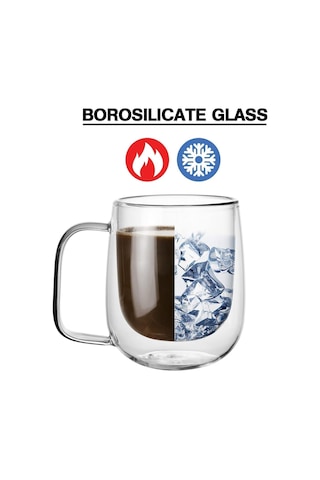 3b Trend Borosilikat Çift Cidarlı Cam Kupa Bardak 250 Ml Şeffaf