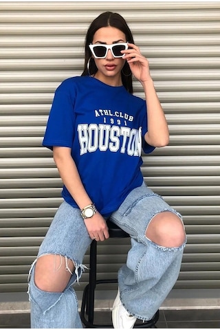 Hırsch Kadın Mavi Oversize Bisiklet Yaka Houston Baskılı T-shirt Mavi