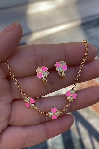 Gümüş Pembe Çocuk Yonca Küpe Bileklik Takım Diğer
