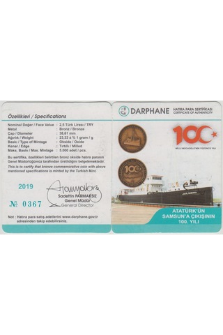 Milli Mücadele'nin 100. Yılı - Atatürk'ün Samsun'a Çıkışı Bronz Hatıra 2,5 Lira 2019 Sertifikalı Çil