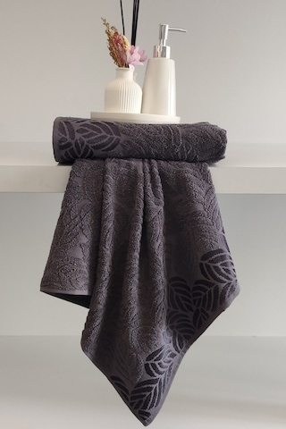 2'li Jakarlı Yaprak Desenli %100 Pamuk El Yüz Havlusu-50x90cm Antrasıt Antrasit