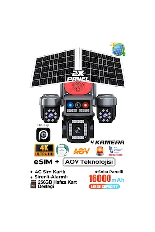 Hieasy App 4 Kamera 12mp 4k Aov Esim 4g Gece Renkli Görüş İnsan Takibi Solar Ptz Akıllı Kamera