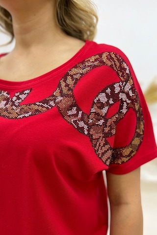 Rich Glam Bol Kalıp Leopar Crystal Taşlı Büyük Beden Kırmızı Şık Rahat Kadın T-shirt Kırmızı