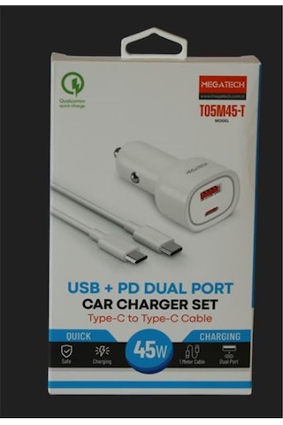 Megatech T05m45-t Beyaz 45w Pd-usb Araç Çakmaklık Şarj Başlığı Hızlı Şarj Type-c To Type-c Kablo