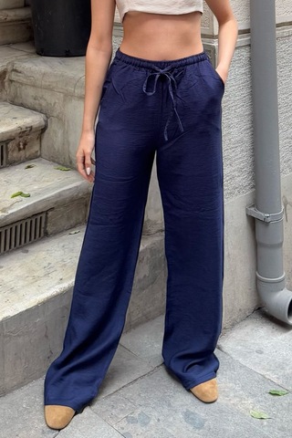 Pembe Keten Karışımlı Bol Kesim Pantolon Lacivert