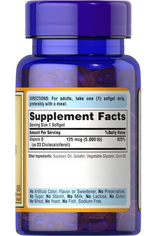 Puritan's Pride Vitamin D3 125 Mcg 5000 Iu , 100 Softgels