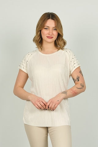 Ella Camelia Kadın Omzu Taş Detaylı Desenli Bluz 18e013 Krem