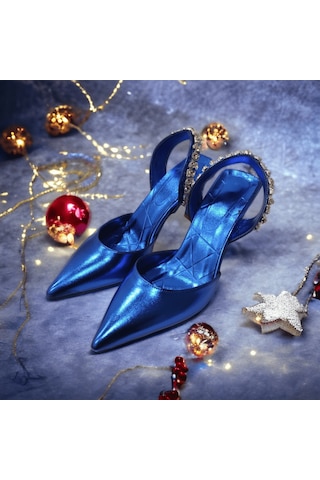 Tarzbu Lks İnce Topuklu Taşlı Parlak Mavi Renk Abiye Ayakkabı Mavi