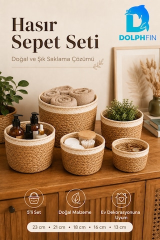 5 Li Hasır Sepet Seti Çok Amaçlı Dekoratif Düzenleyici Organizer Saksı Kılıfı
