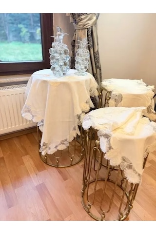 Salon Takımı 5 Parça Keten Dantelli Masa Örtüsü Runner Seti Çeyizlik Flowers Model Krem Çok Renkli