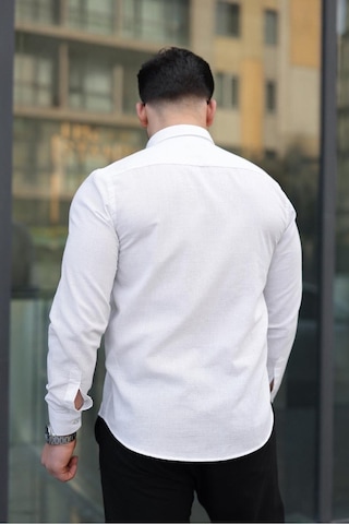 Baselco Premum Dik Yakalı Slim Fit Keten Görünümlü Gömlek Beyaz