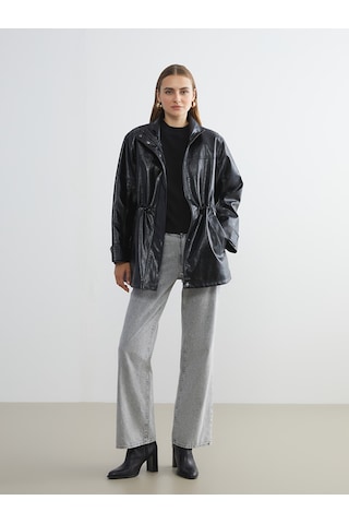 Lcwaıkıkı Classic Siyah Dik Yaka Oversize Kadın Deri Görünümlü Ceket