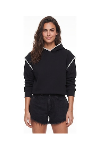Onloox Kadın Siyah Siyah Pamuklu Kapişonlu Uzun Kollu Rahat Kesim Dantel Detaylı Sweatshirt