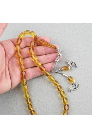 Ateş Kehribar Ayyıldız İşlemeli İmame Kapsül Kesim 9x11mm Tesbih - Sarı Sarı