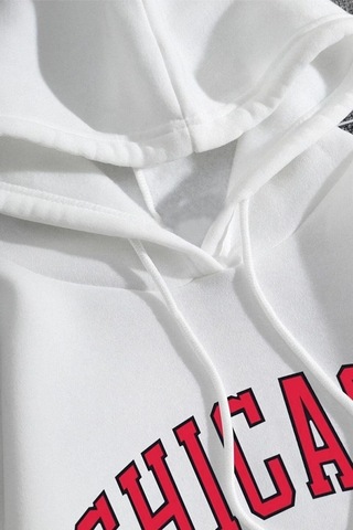 Unisex Beyaz Chicago Baskılı Oversize Kapşonlu Sweatshirt 001