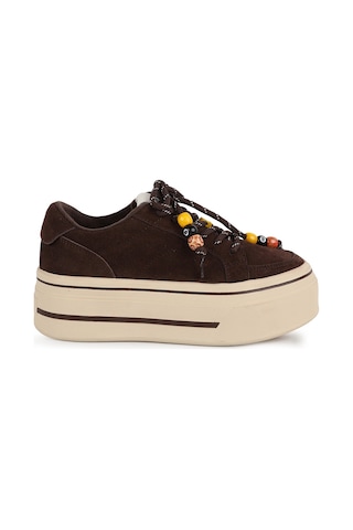 Guja Kadın Sneaker 366-2 Camel Hakiki Dokulu Süet Renkli Boncuk Bağcık Detaylı Yüksek Kalın Platform Taban Rahat Günlük Spor Ayakkabı Kahve