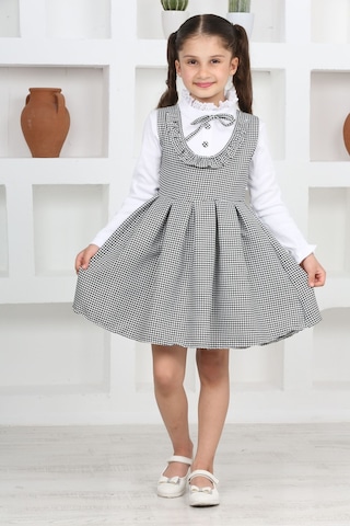 Kız Çocuk Kaz Ayağı Desenli Pileli Elbise Ve Likralı Body Siyah-beyaz