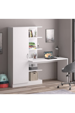 Narin Raflı Kitaplıklı Askılıklı Dolaplı Çalışma Masası Beyaz (Dolap Sol)