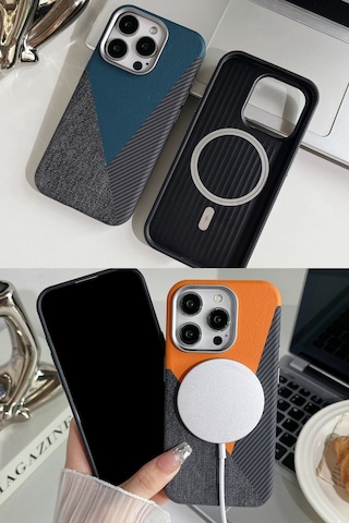 Apple Uyumlu iPhone Akfa 15 Pro Craft Serisi Deri Karbon Ve Kumaş Tasarımlı Lüks Premium Telefon Kılıfı Siyah