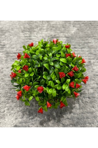 Dekoratif Taş Görünümlü Saksıda Kırmızı Çiçekli Yapay Bitki - Masaüstü Dekoratif Çiçek 17x13 Cm Kırmızı - Yeşil