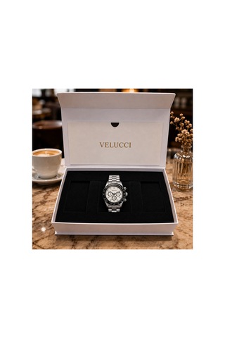 Velucci Birten Çelik Kordon Erkek Kol Saati Beyaz Kadran Tachymeter Sport Analog Gümüş