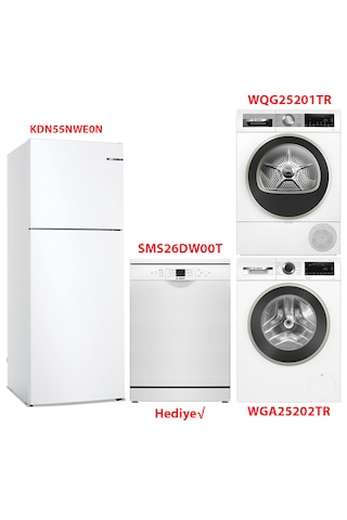 Bosch KDN55NWE0N - WGA25202TR - WQG25201TR - SMS26DW00T Beyaz Eşya 4'lü Set